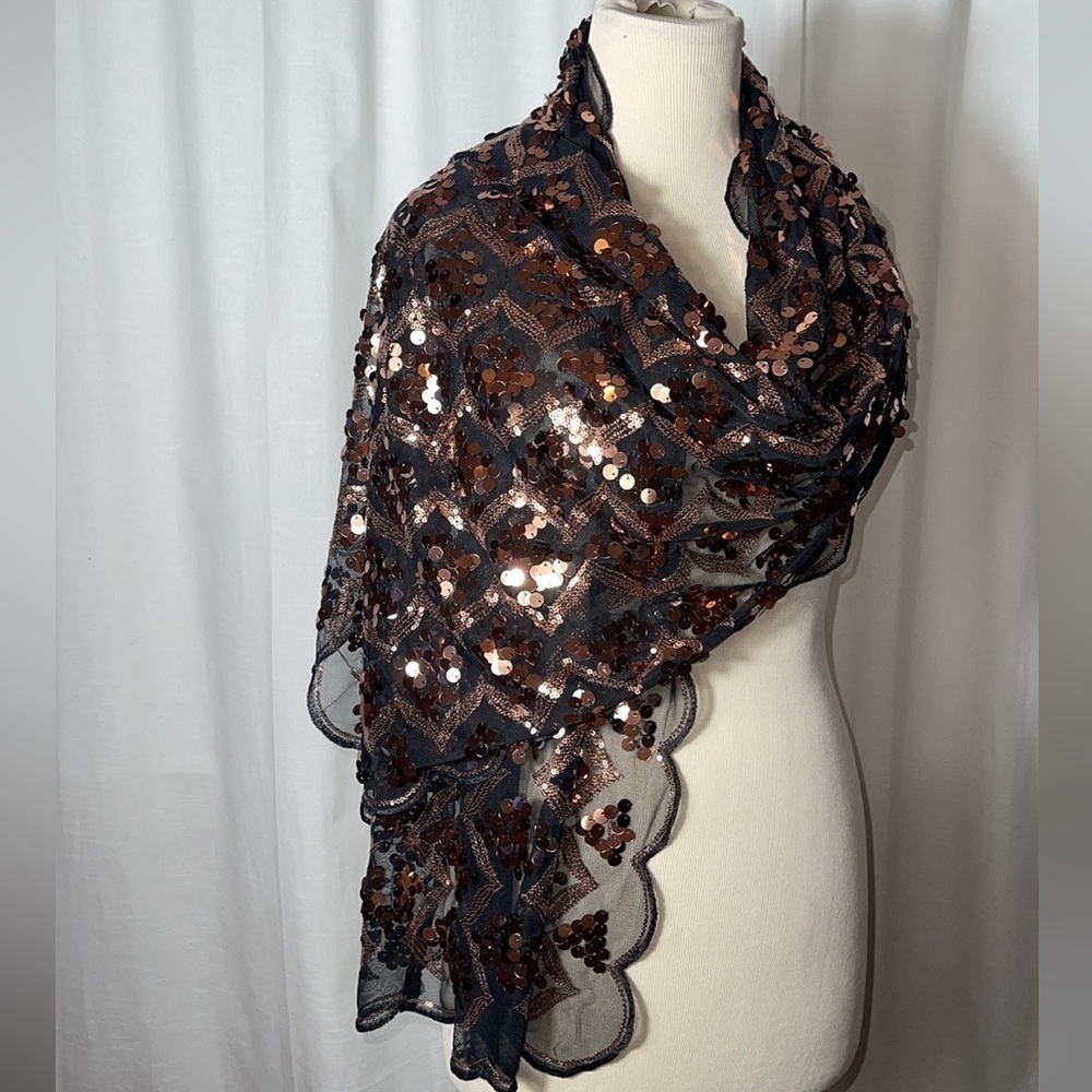 Joan Rivers Bronze on Black Sequin scalloped Scarf nwt